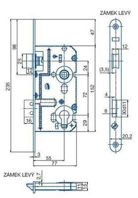 Zámek zadlabací K221 P vložkový, r. 90mm, zád. 80mm - 2